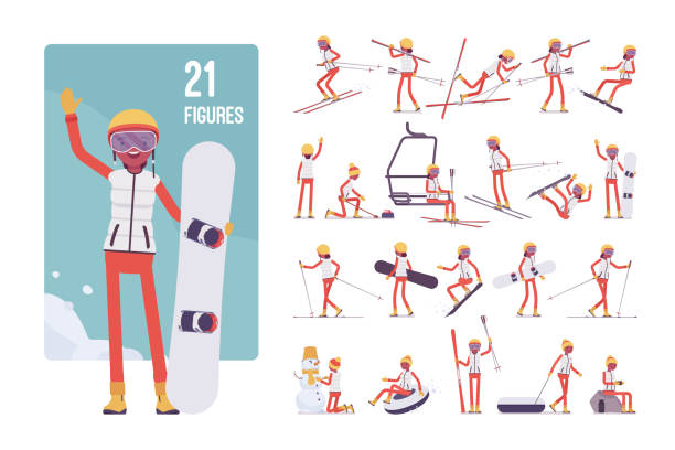 stockillustraties, clipart, cartoons en iconen met sportieve jonge vrouw op een winterresort karakter set. - posing with ski