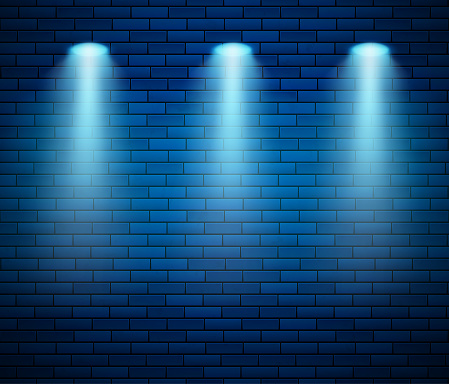 Spotlight against brick wall in blue color. Empty Studio decorated brick wall and spot of light. Vector illustration
