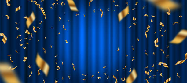 Spotlight on blue curtain background and falling golden confetti. Vector illustration. Spotlight on blue curtain background and falling golden confetti. Vector illustration. success backgrounds stock illustrations