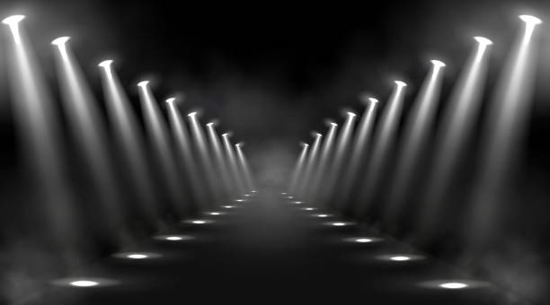 Spotlights background, glowing stage light beams Spotlights background, glowing stage lights, white beams for red carpet award or gala concert. Empty illuminated way for presentation, runway with lamp rays with smoke for show, Realistic 3d vector fashion runway stock illustrations