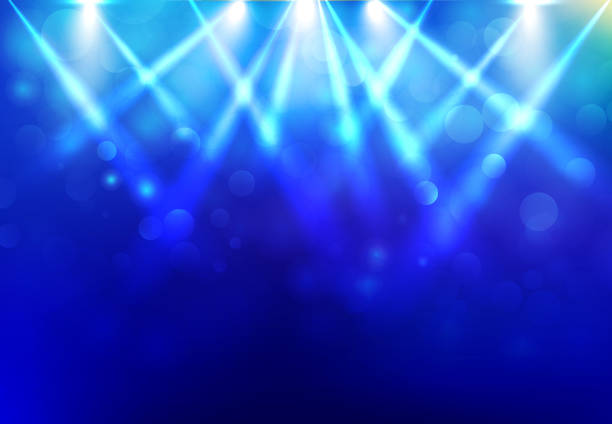 Spotlights lighting disco party stage with blured bokeh on blue dark background. Spotlights lighting disco party stage with blured bokeh on blue dark background. Vector illustration dancing backgrounds stock illustrations