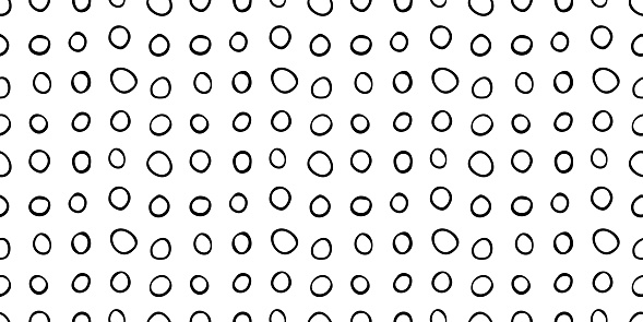 Spotty abstract vector seamless pattern. Random rings, dots, circles, spots, stains, bubbles, stones in row. Design for fabric, funny cute print. Repetitive graphic background and texture