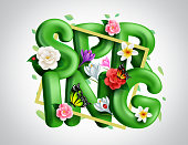 Spring 3d vector concept design. Spring typography text in white background with leaves, flowers and butterfly nature elements for bloom season decoration. Vector illustration.