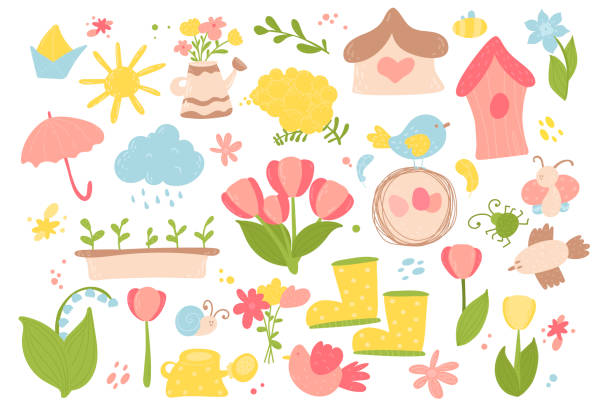 Spring and Easter doodle collection, flowers and decorations. Easter spring set with cute eggs, birds, bees, butterflies. Hand drawn vector illustration. Spring and Easter doodle collection, flowers and decorations. Easter spring set with cute eggs, birds, bees, butterflies. Hand drawn vector illustration. easter sunday stock illustrations