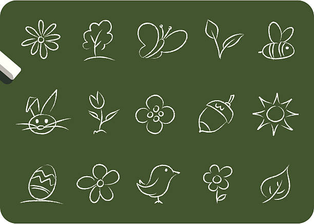 Spring and Easter icons 15 spring and easter icons sketched on a blackboard. High resolution JPG & vector EPS file included bee drawings stock illustrations