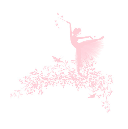 blooming spring season tree branches, dancing fairy tale princess wearing ballet tutu and flying swallow birds vector silhouette copy space design