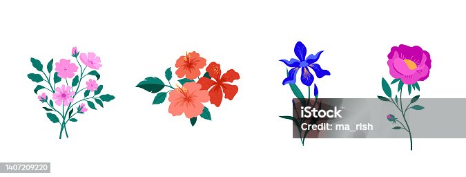 istock Spring botanical flowers illustrations. Blooming garden flowers. Irises, peony, anemone and hibiscus. 1407209220