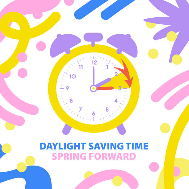 Spring Daylight Saving Time concept. Spring forward time banner in funny doodle cartoon style Spring Daylight Saving Time concept. Spring forward time banner in funny doodle cartoon style. Schedule with changing clocks forward one hour. Flat vector illustration template in modern trendy style daylight saving time stock illustrations
