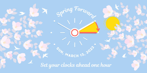 Spring Daylight Saving Time Starts banner with with spring flowers, clockface and birds Spring Daylight Saving Time Starts. The clocks moves forward one hour at sunday, march 13, 2022 and text reminder to change clocks. Vector illustration banner with spring flowers, clockface and birds daylight saving time stock illustrations