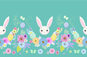 Spring easter background with cute bunnies,eggs and flowers for wallpaper and fabric design. Vector illustration