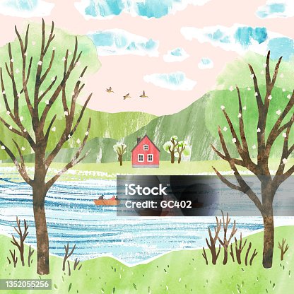 istock Spring fishing. Watercolor cute vector landscape with fishermen on boats, trees, house and mountains. Fishing in the river. Illustration for poster, postcard, banner. 1352055256
