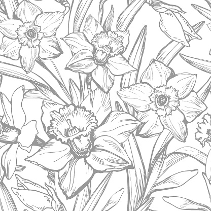 Spring floral seamless pattern with outline silhouettes of flowers and leaves.