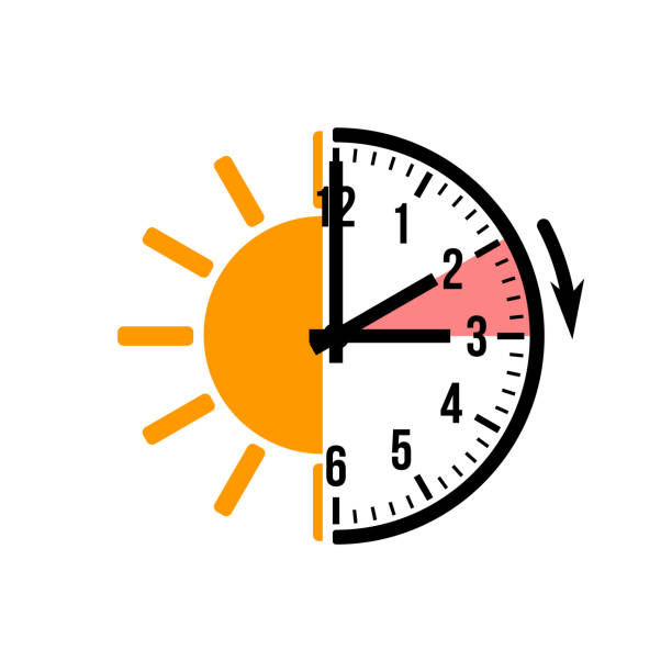 spring forward 1 hour, vector icon with sun spring forward 1 hour, vector icon with sun daylight savings 2021 stock illustrations