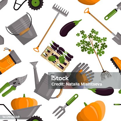 istock Spring garden pattern. Farm seamless print with doodle agriculture tools. Gloves and flowers. Organic eggplants or pumpkins. Watering can. Shovel and rake. Vintage vector graphic background 1413948649