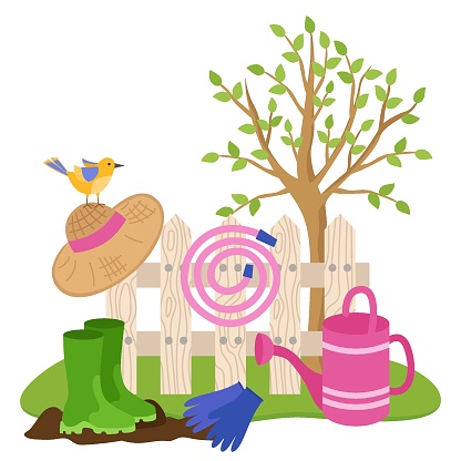 Spring gardening illustration. Tools on the background of a white fence and a flowering tree. Straw hat, watering can, rubber boots, hose. Vector items for agriculture.