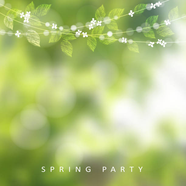 Spring greeting card. String of lights, leaves, cherry tree blossoms. Spring greeting card, invitation. String of lights, leaves and cherry blossoms. Modern blurred background. Garden party decoration. march month stock illustrations