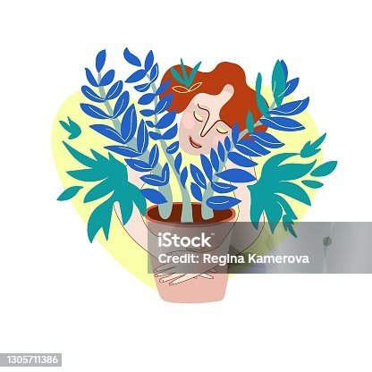istock Spring hygge mood positive woman at cozy home with houseplant in flower pot.. 1305711386