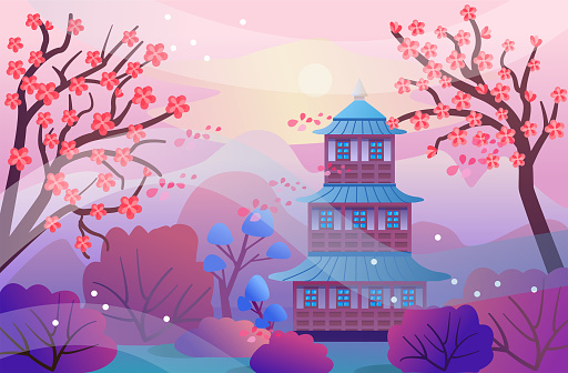 Spring landscape in cartoon style. Beautiful landscape with blooming sakura trees, mountains, pagoda. Vector illustration in a flat style for design, banners, book. Asian temple and mountains