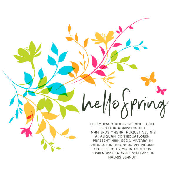 Colorful spring leaves and flowers background with copy space. Fresh, modern, clean graphics with bright colors.