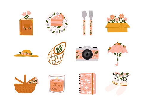 Spring or summer with seasonal elements collection. Book, cake, spoon, fork, box, hat, bag, camera, umbrella, picnic basket, candle, notebook and socks.