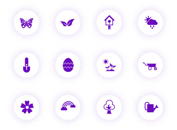 illustrations, cliparts, dessins animés et icônes de icônes vectorielles de couleur violette printanière sur des boutons ronds clair avec ombre violette. jeu d’icônes spring pour le web, les applications mobiles, la conception de l’interface utilisateur et l’impression - pluie jardin
