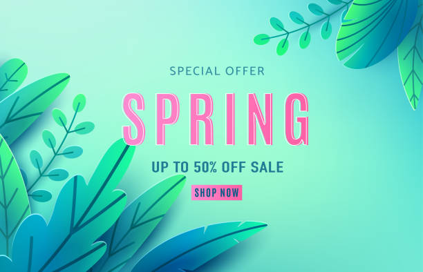 Spring sale background banner with fantasy leaves. Paper cut style with copy space, corner composition. Vector illustration springtime template for flyers, poster, brochure, voucher discount Spring sale background banner with fantasy leaves. Paper cut style with copy space, corner composition. Vector illustration springtime template for flyers, poster, brochure, voucher discount. march month stock illustrations
