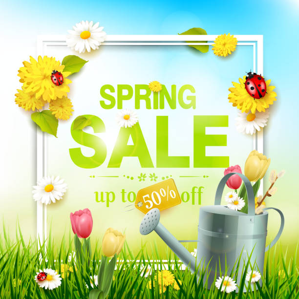 Spring sale flyer Spring sale flyer - sunny meadow with flowers, ladybugs and watering can in the grass gardening backgrounds stock illustrations