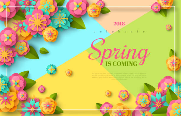Spring sale flyer Spring sale flyer template with paper cut flowers and leaves with frame. Bright colorful geometric background. Vector illustration. Fresh design for posters, flyers, brochures or vouchers. springtime stock illustrations