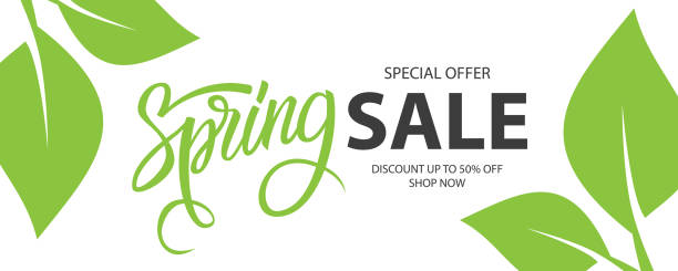 Spring Sale special offer banner. Springtime season background with hand lettering and spring green leaves for business, seasonal shopping, promotion and advertising. Spring Sale special offer banner. Springtime season background with hand lettering and spring green leaves for business, seasonal shopping, promotion and advertising. Vector illustration. springtime stock illustrations
