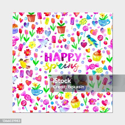 istock Spring season background with flowers, birds, hearts, teapot, cup, cake, candy 1366031983