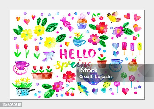 istock Spring season flowers, birds, hearts, teapot, cup, cake, candy 1366030518