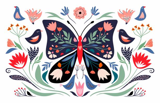 Spring time composition with floral butterfly Spring time composition with floral butterfly and seasonal elements, flowers and birds; decorative poster/ banner butterfly flower stock illustrations