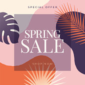 istock Spring tropical sale banner with palm leaves and exotic plants. 1301557389