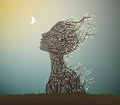 alive tree and pigeon spring meeting, tree looks like a woman's head with spring white flowers stretching her face to the sun, surrealism, plant alive idea, vector