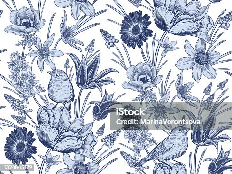 istock Spring Vintage Seamless pattern. Flowers and birds. Blue and white.  Vector. 1324845179