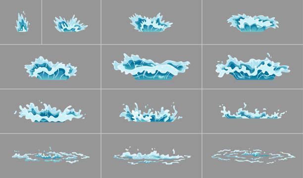 Sprite water splash animation. Shock waves on transparent background. Spray motion, spatter blast, drip. Clear water frames for flash animation in games, video and cartoon Sprite water splash animation. Shock waves on transparent background. Spray motion, spatter blast, drip. Clear water frames for flash animation in games, video and cartoon. water borders stock illustrations