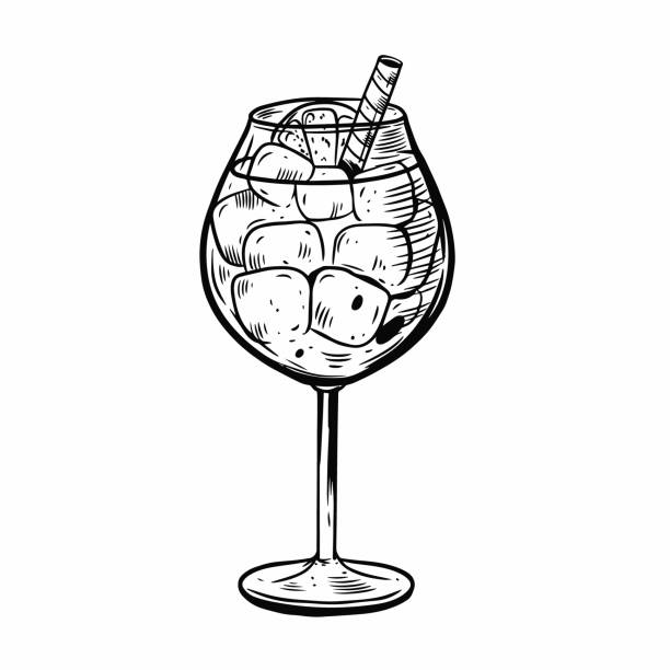 illustrations, cliparts, dessins animés et icônes de cocktail d’été aperol spritz. modèle noir dessiné à la main de cru de couleur. - apéritif