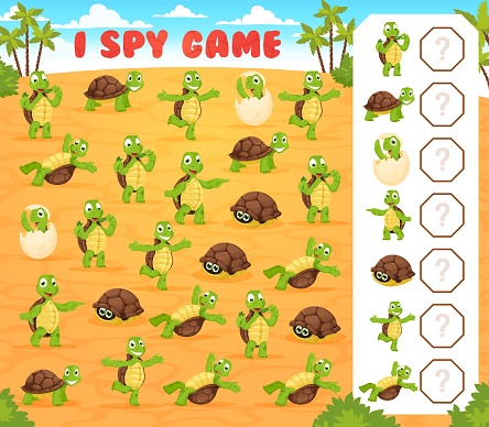 I spy game worksheet with cartoon turtles, puzzle