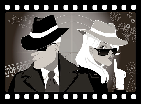 Mysterious couple of secret agents in an old movie frame, vector illustration, no transparencies, EPS 8