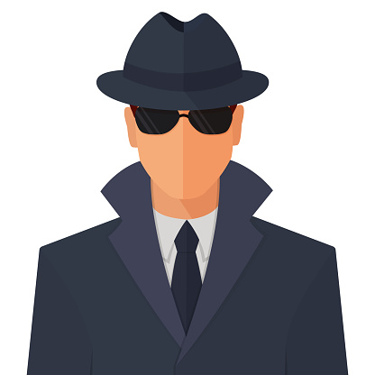 Spy secret agent man character in sunny glasses, hat and raincoat flat style cartoon vector colorful illustration icon isolated on white background.
