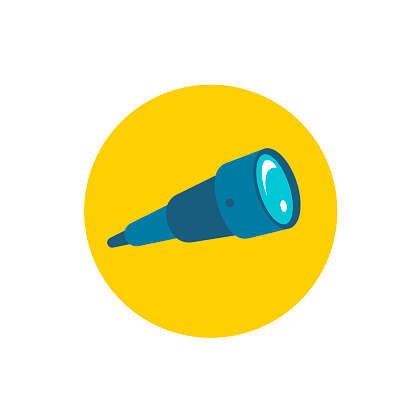 Spyglass. Icon on background yellow circle. Watch search. Favicon for website or search results page. Flat color vector illustration
