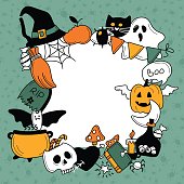 Square frame from bright cool elements for Halloween. Pumpkin, Skull, Ghost, Gravestone, Spider, Candy, Broom, Hat, Eye, Potion and more. Happy holiday. Great for postcards advertising banners Vector