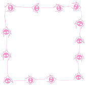 Square Frame of cute little spiders with eyes on web. Halloween vector background. Pink and white, isolated, hand drawn illustration.