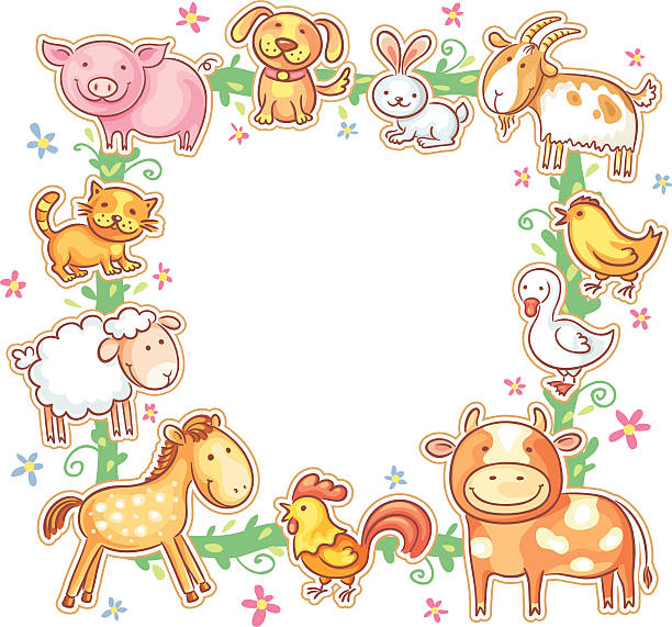 Square Frame with Farm Animals Square frame with cute cartoon farm animals, no gradients. pig borders stock illustrations