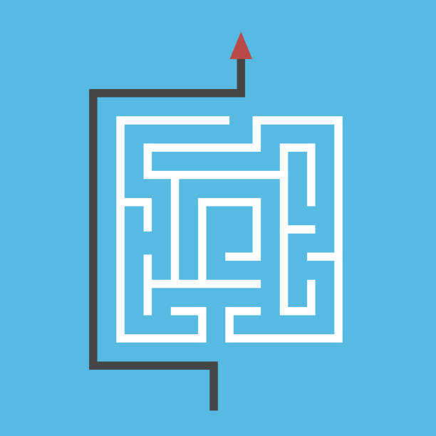 Square maze, way around Square maze, way around it. Simplicity, simple efficient solution of dfficult problem, shortcut and creativity concept. Flat design. EPS 8 vector illustration, no transparency, no gradients outside the box stock illustrations
