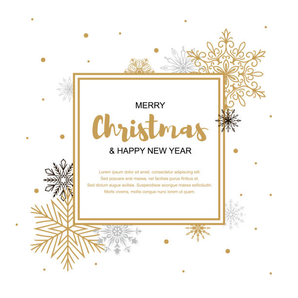 흰색 배경에 아름다운 황금과 검은 눈송이 광장 메리 크리스마스와 새해 맞이 인사말 카드. 배너, 포스터, 마사지, 발표를위한 크리스마스 디자인. 텍스트를 위한 공간 - 크리스마스 카드 stock illustrations
