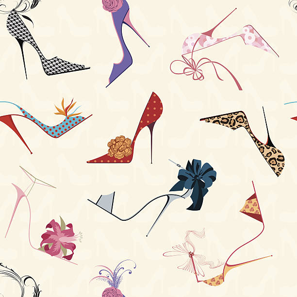 Square of a seamless pattern of drawn, vibrant high heels  Seamless pattern with women's high heels high heels stock illustrations
