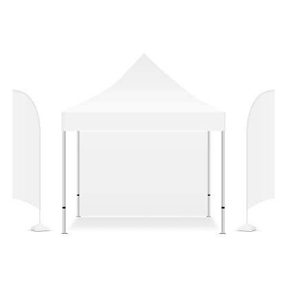 Square promotional canopy tent with two advertising flags, isolated on white background. Vector illustration