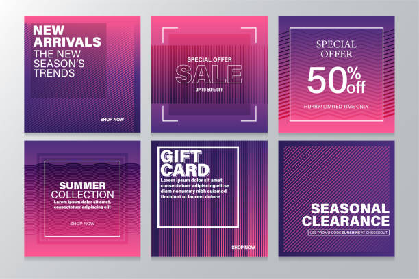 Square Sale Banners Template for Social Media and Mobile apps with Abstract Geometric Background. Disccount, New Arrival,Social Media, Trendy, Minimal. purple background stock illustrations