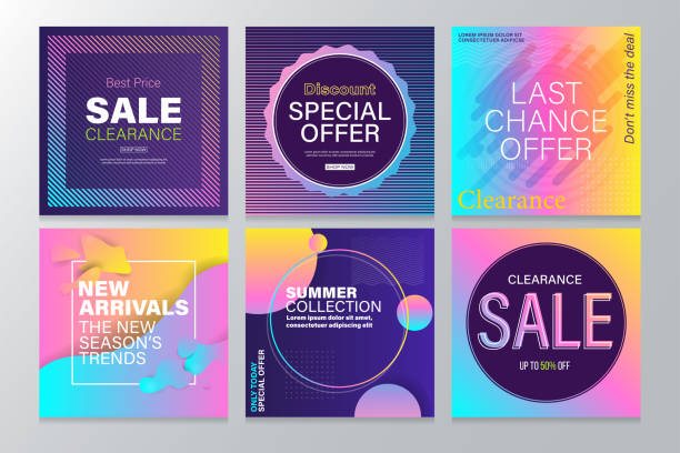 Square Sale Banners Template for Social Media and Mobile apps with Abstract Geometric Background. Hot Pink, Dramatic Purple, Neon Blue, Vivid Colors, Discount, Clearance, New Arrival. shopping backgrounds stock illustrations